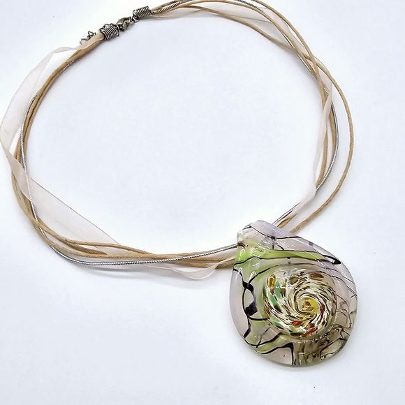 Art Glass Pendant Necklace Lamp Work Foil Swirl Green Copper Ribbon Cord Chain - Picture 3 of 10